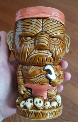 Handmade Angry Face Hawaiian HeadHunter Ceramic Tiki Drink. 13.5 Oz - Raise The Bar Lux  