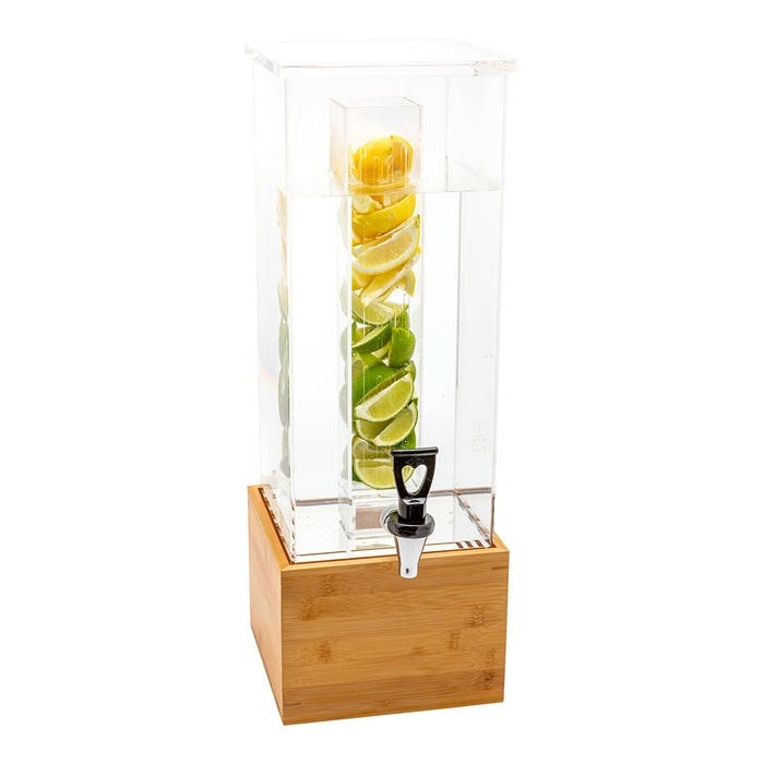 Square Clear Acrylic Beverage Dispenser With Bamboo Base. 2