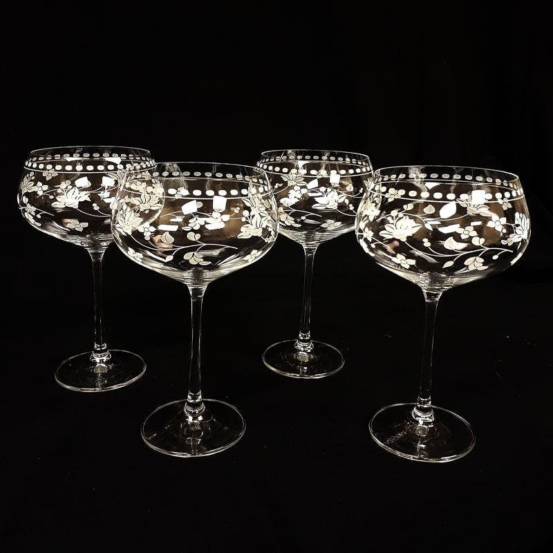 Vintage Etched Floral Coupe Wine Glasses. Set of 4
