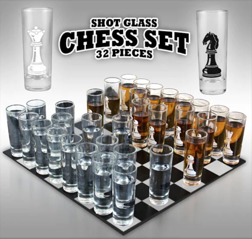 Printed Chess Shot Glass Set. 32 Pcs - Raise The Bar Lux  